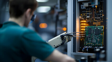 Technician Using Robotic Arm To Assemble Electronic Device On A Circuit Board In A High Tech Manufacturing Facility With Bright Orange Lights
