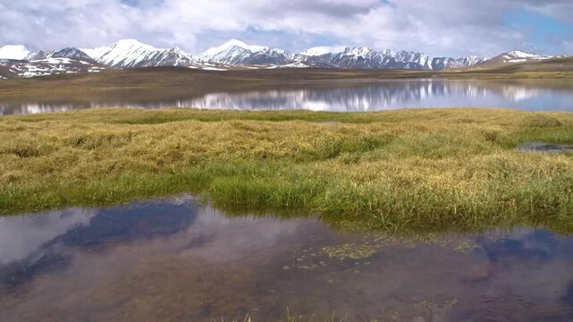 Beautiful 4K footage of a tranquil lake in Arabel Plateau, Kyrgyzstan, with currents gently rippling the water, reflecting snowy mountains and lush greenery in the calm lake