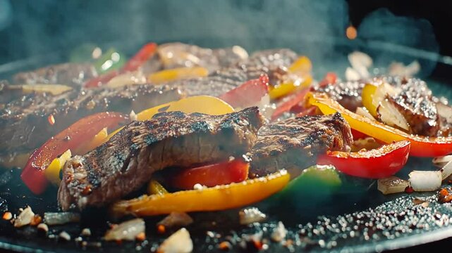 Sizzling Fajita Feast: A Vibrant Close-Up of Grilled Beef and Colorful Peppers Skillet