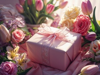 A beautifully wrapped gift with a delicate pink ribbon, surrounded by vibrant and fresh flowers.