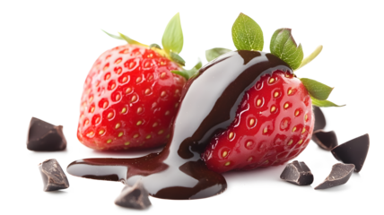 A strawberry with chocolate drizzled on top. The chocolate is melted and dripping down the strawberry