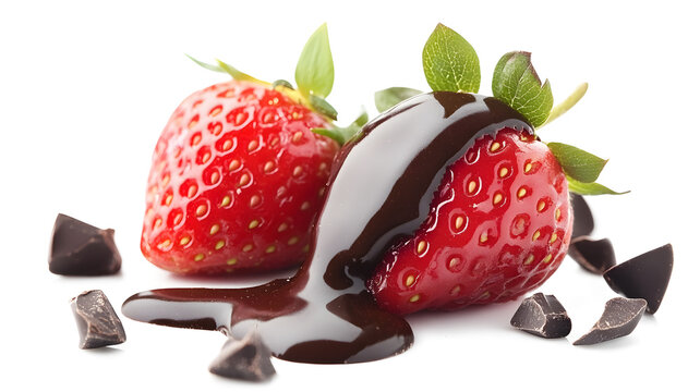A strawberry with chocolate drizzled on top. The chocolate is melted and dripping down the strawberry