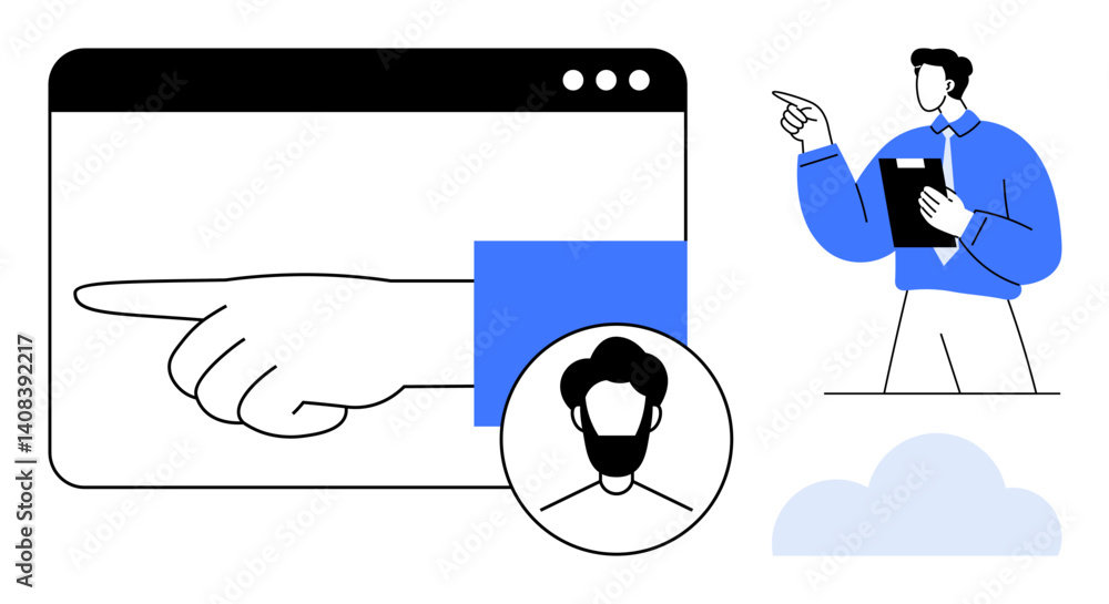 Poster browser window with pointing hand, user profile avatar, and a professional holding clipboard. ideal 