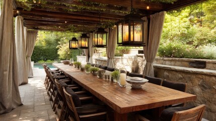 Luxury outdoor dining room with long wood table and canopy 