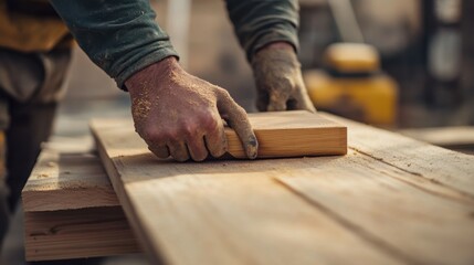 Carpenter sanding wood at a construction site. Featuring focus and precision