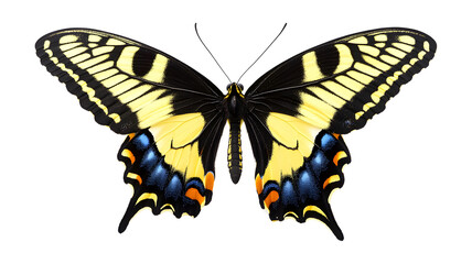 Fototapeta premium A butterfly with black and yellow wings. The butterfly is resting on a white background. The butterfly is the main focus of the image