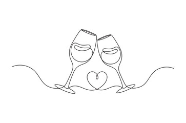 Continuous one line drawing of two wine glasses, wine glass one line art, linear style, isolated on a white background