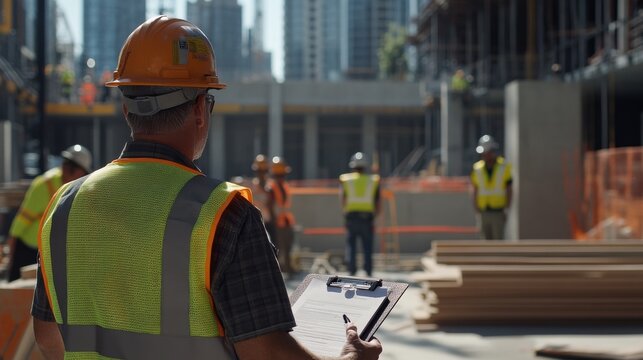 A safety inspector reviewing protocols at an active construction site. Featuring diligence and compliance