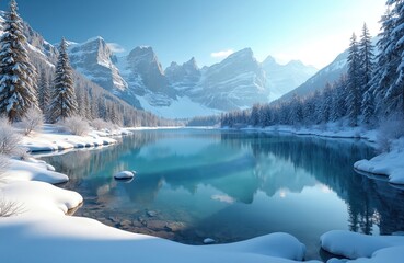 Scenic winter lake surrounded by snowy mountains, evergreen trees and forest. Tranquil turquoise water reflects landscape. Nature beauty in national park. Peaceful place for tourism and vacation.