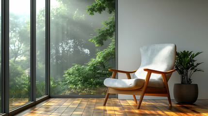 Modern Armchair Serene Sunlit Interior with Wooden Floor.