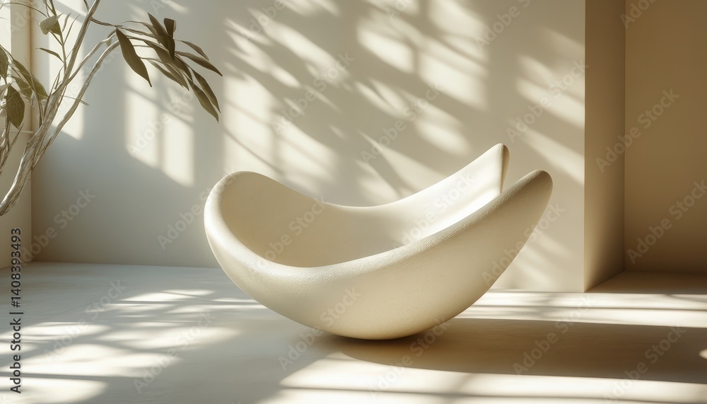 Poster elegant curved sculpture created from smooth materials in a softly lit room enhances modern art aest