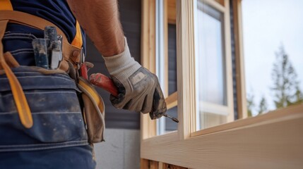 Carpenter installing wooden trim around windows in a house. Featuring precision and craftsmanship