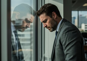A concerned businessman in a suit stands by an office window deep in thought.