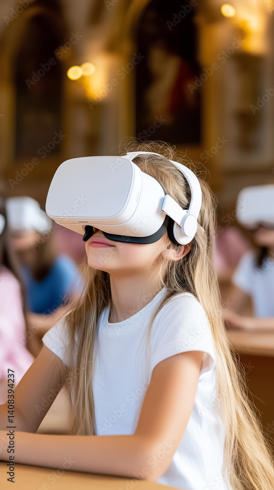 Poster child immersed in virtual reality experience with headset in modern classroom. engaged expression su