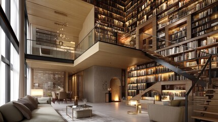 Luxury penthouse with floating mezzanine library.