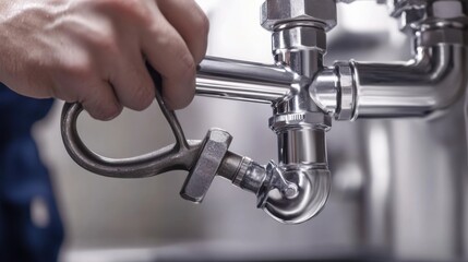 Plumber sealing a drain pipe under the sink. Featuring care and technical skill