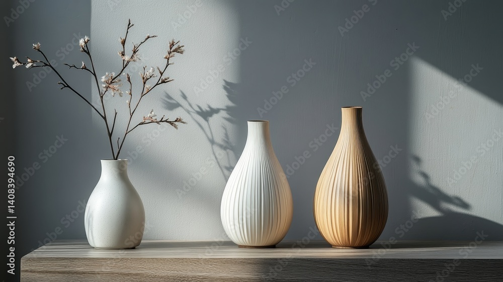 Poster beautiful arrangement of elegant vases with delicate flowers on a wooden table in soft morning light