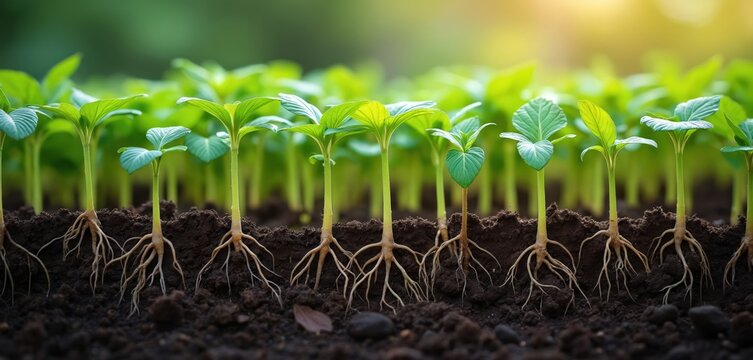 Close-up of fresh green soybean plants with roots. Young sprouts emerge from ground, soil, dark soil. Nature, agriculture, growth, eco, health concept. Healthy food, farming, gardening, botany. Small