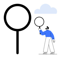 Minimalist person holding a magnifying glass with large lens, light blue cloud above. Ideal for research, analysis, exploration, observation, discovery, investigation, simple landing page