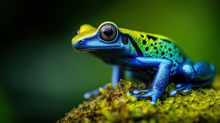 Obraz premium Blue-green frog on mossy surface with black eye spot
