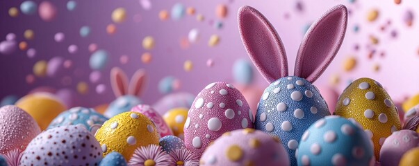 Fototapeta premium Colorful Easter eggs and bunny ears with festive spring atmosphere