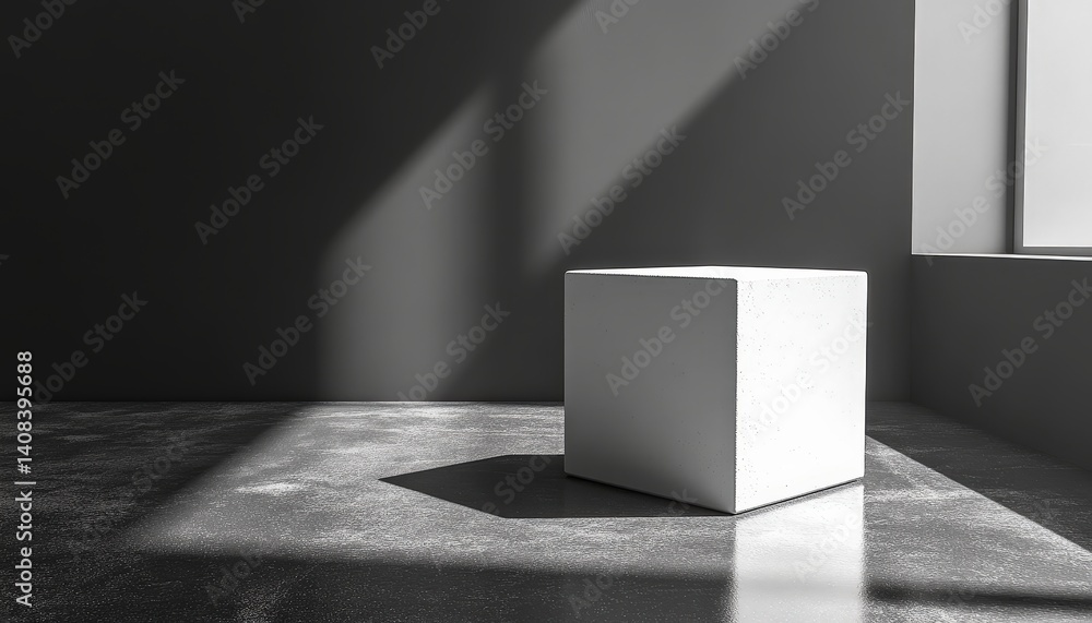 Poster Minimalist white cube in a sunlit modern room with shadows creating dynamic patterns on the floor during daylight
