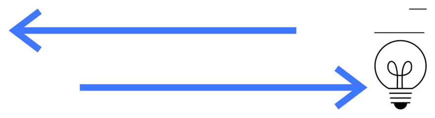 Two bold blue arrows pointing in opposite directions toward a lightbulb symbolizing innovative thinking, conceptual focus, and brainstorming. Ideal for strategy, innovation, productivity, efficiency