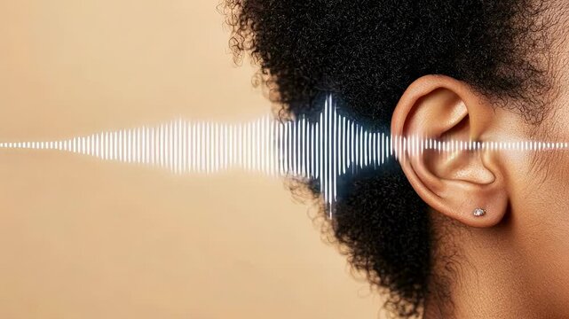 Sound waves traveling inside ear canal of young woman with afro hairstyle, visualizing hearing process and sensory perception of auditory system