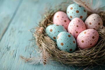 Obraz premium Easter nest with pastel spotted eggs on a rustic wooden surface