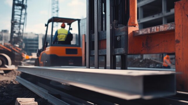 Forklift operator lifting construction beams into position. Featuring strength and precision