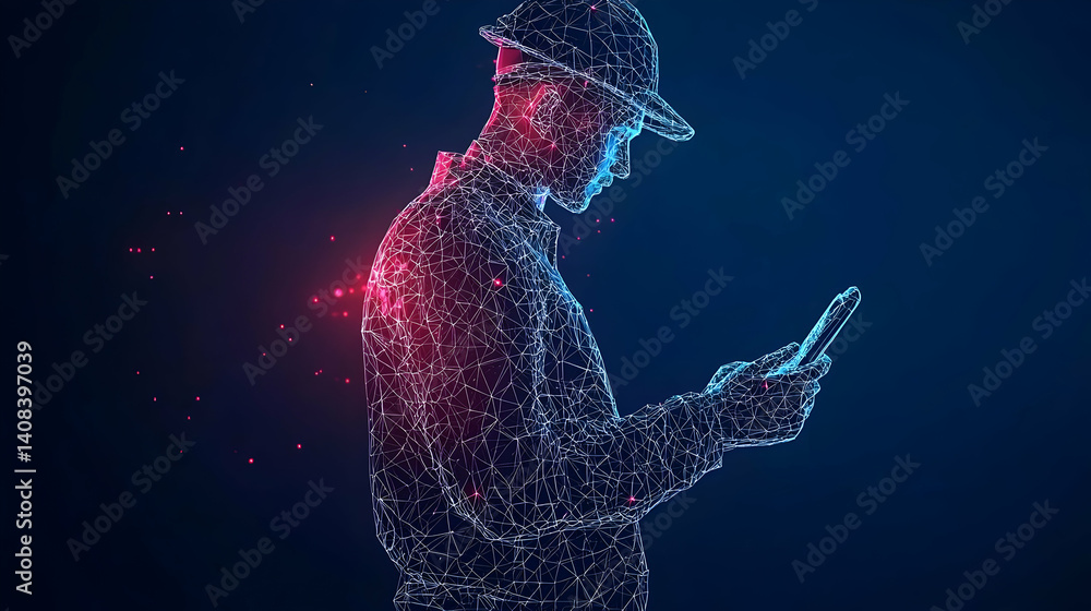 Poster abstract digital man using mobile phone in dark blue background with glowing dots and particles effe
