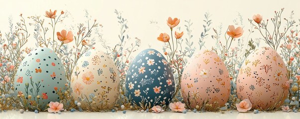 Pastel colored Easter eggs with floral design in a decorative natural setting