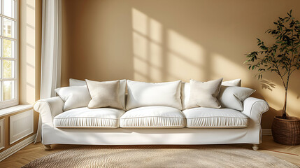 Sunny White Sofa Beige Living Room with Natural Light, Comfortable Apartment Decor.