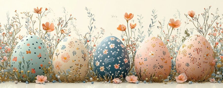 Pastel colored Easter eggs with floral design in a decorative natural setting