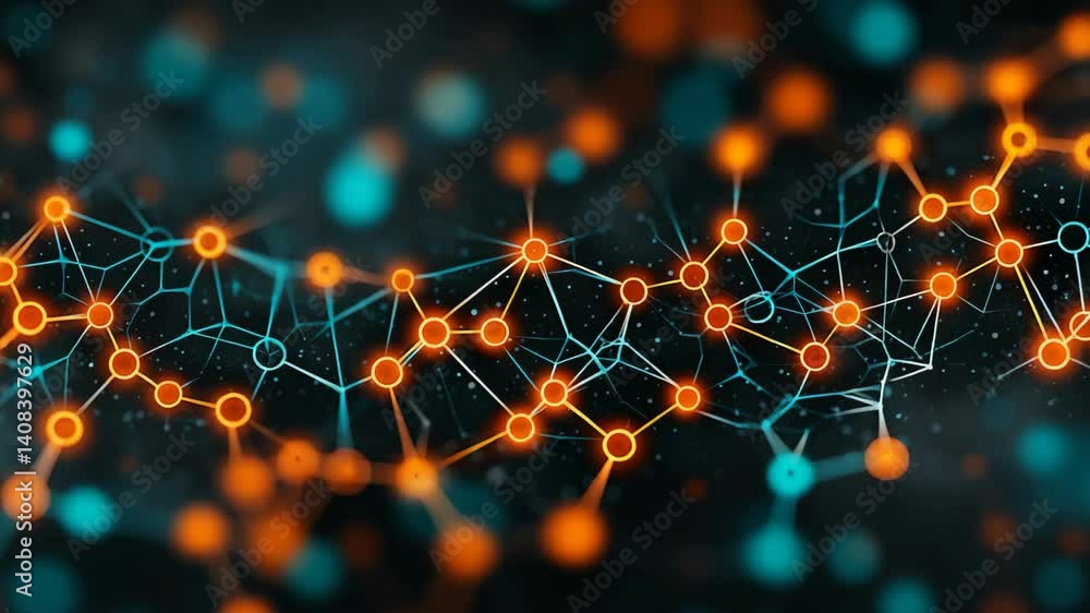 Poster abstract network with orange and blue nodes connecting with lines, complex data structure with bokeh