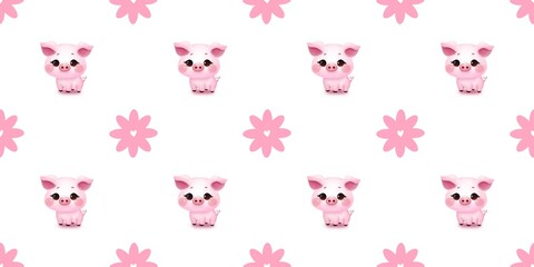 Cute seamless pattern with a funny pink pig on a white background with daisies