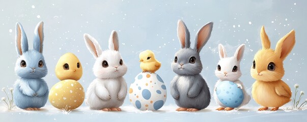 Obraz premium Adorable Easter Bunnies and Chicks with Colorful Eggs in Snowy Spring Setting