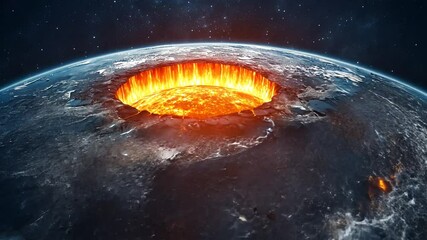 Conceptual rendering of earth showing a fiery impact crater and star field