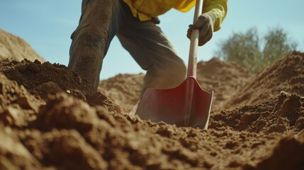 Construction worker digging at a site with a shovel. Featuring hard work and dedication