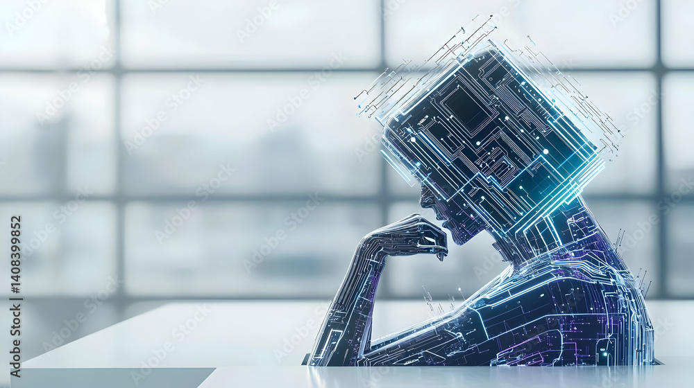 Poster contemplative digital humanoid with circuitry pattern overlay in a bright modern office setting