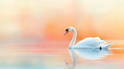 Obraz premium White swan on lake, bright sky with pink-yellow background, orange-blue color scheme
