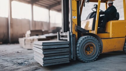 Forklift operator stacking construction materials at a site. Featuring efficiency and strength