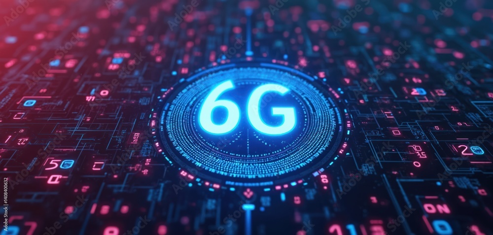 Aufkleber Futuristic digital concept showcasing 6G tech. High-speed wireless network infrastructure. Innovation in mobile communication, global connectivity, data transfer, cloud computing.