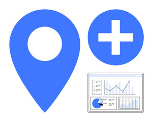 Obraz premium Blue location icon, medical plus sign, and digital analytics dashboard. Ideal for technology, healthcare, navigation, telemedicine, data analysis, business strategy simple landing page