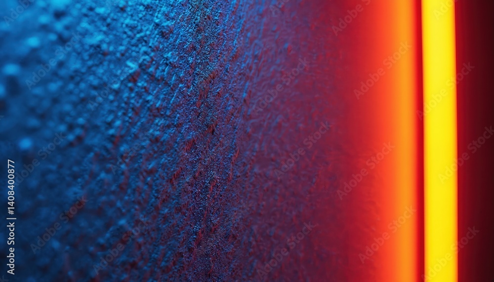 Poster Dark neon wall texture with blue and red light gradients. Illuminated lines create abstract futuristic design. Futuristic, grunge, night concept, interior design, high tech backgrounds.