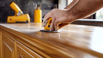 Carpenter sanding a wooden cabinet in a workshop. Featuring craftsmanship and precision
