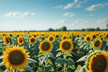 Fototapeta premium Vibrant Sunflower Field Blurring into the Horizon on a Sunny Day