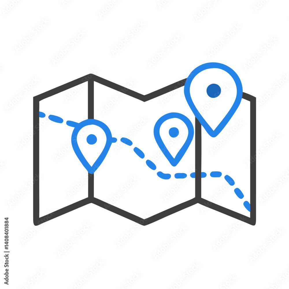 Poster map with routes and location pins in vector style
