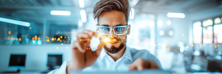Man looks closely at glowing digital elements using advanced glasses. Brightly lit contemporary workspace with clean lines. Concept of technology, innovation, digital analytics