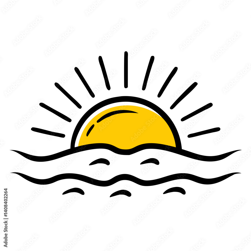 Poster sunset over sea icon in simple vector style